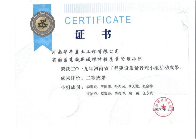 2019年河南省工程建设质量管理小组二等奖